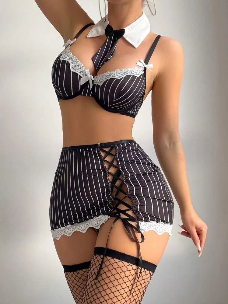 Fantasy Costume 6 pièces/Set Costume de secrétaire sexy, comprenant une robe à rayures en dentelle filet porte-jarretelles, une cravate et des ba