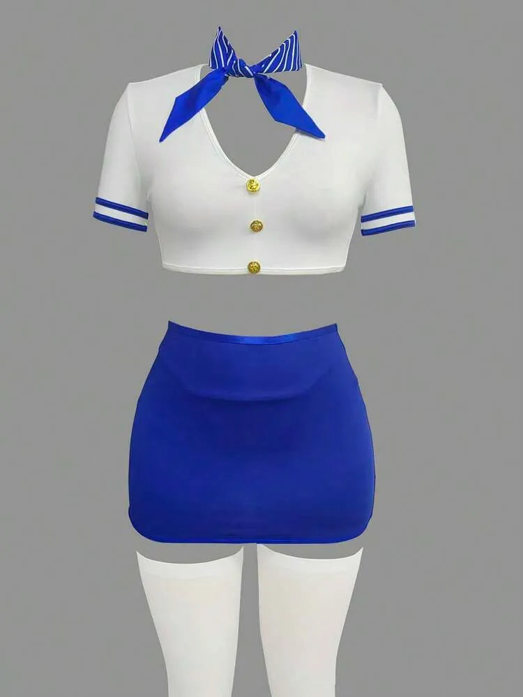 Fantasy Costume 6 pièces Set: Top de Stewardess, String, Mini-Jupe Moulante, Foulard, 2 Paires de Chaussettes