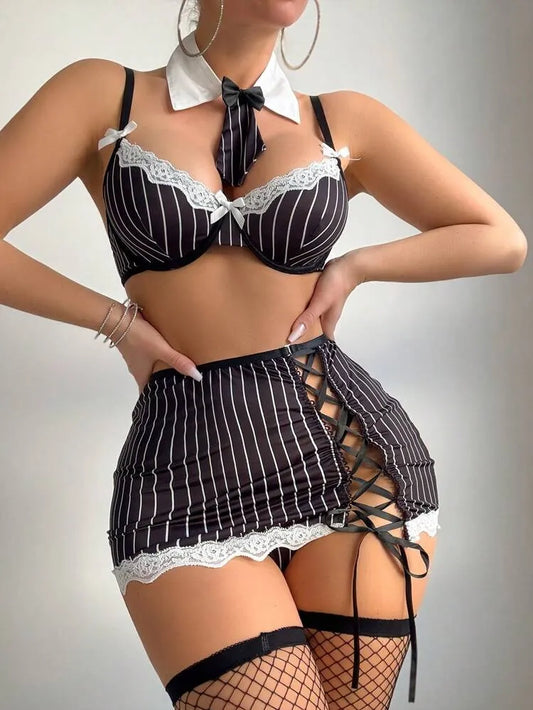 Fantasy Costume 6 pièces/Set Costume de secrétaire sexy, comprenant une robe à rayures en dentelle filet porte-jarretelles, une cravate et des ba